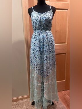 Candies Blue Floral Boho Maxi Dress Lace Detail Spaghetti Strap Festival Style S